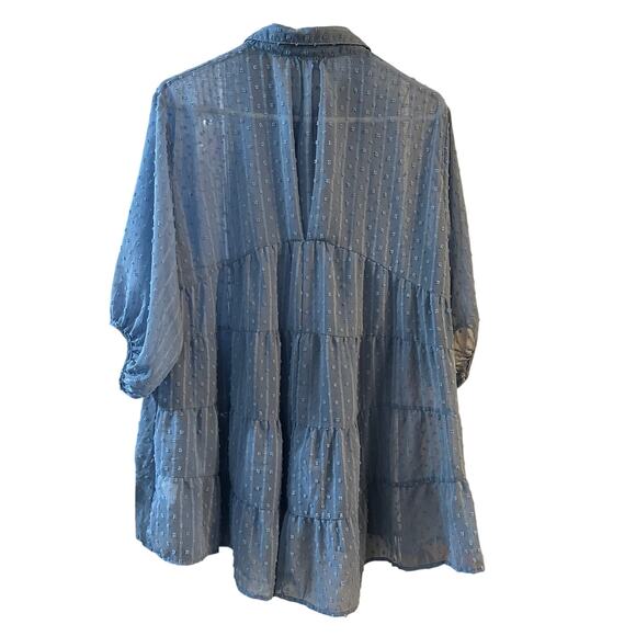 UMGEE Dusty Blue Sheer Textured Dot Tunic blouse 3/4 Sleeves Size Medium - Picture 3 of 7